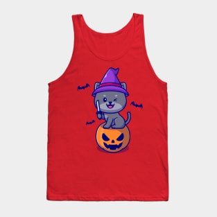 Cute Witch Cat Sitting On Pumpkin Halloween Holding Knife  Cartoon Tank Top